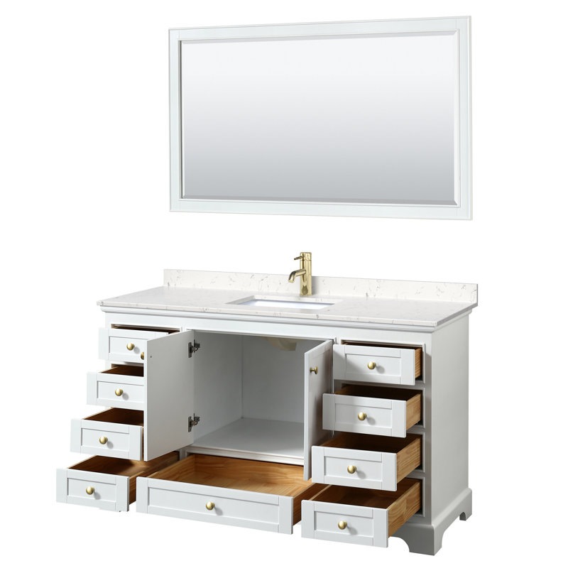 Ensemble de meuble-lavabo simple 60 "avec miroir Deborah, Marbre de culture de Carrare, Blanc/or brossé