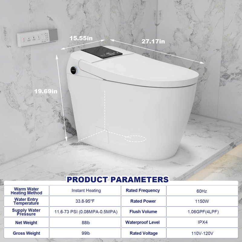  Toilette à bidet intégrée Breezebath à réservoir intégré 1,06 GPF avec ouverture / fermeture automatique et chasse automatique, siège chauffant, affichage numérique, veilleuse, désodorisant, glacis antibactérien, certification WaterSense, certification cUPC et cETL
