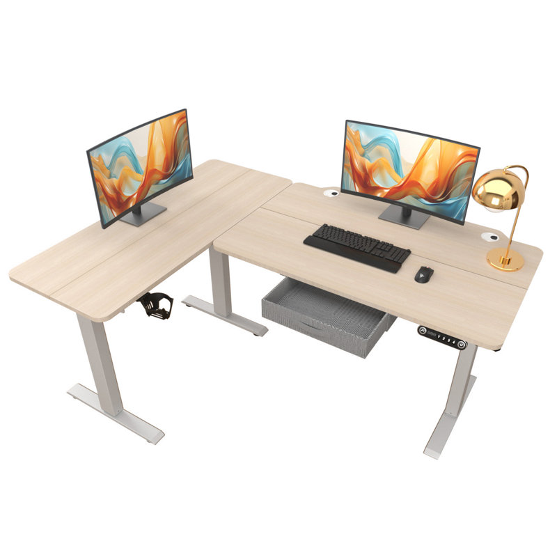 Becali 63'' L-Shaped Height Adjustable Standing Desk With A Drawer, Beige