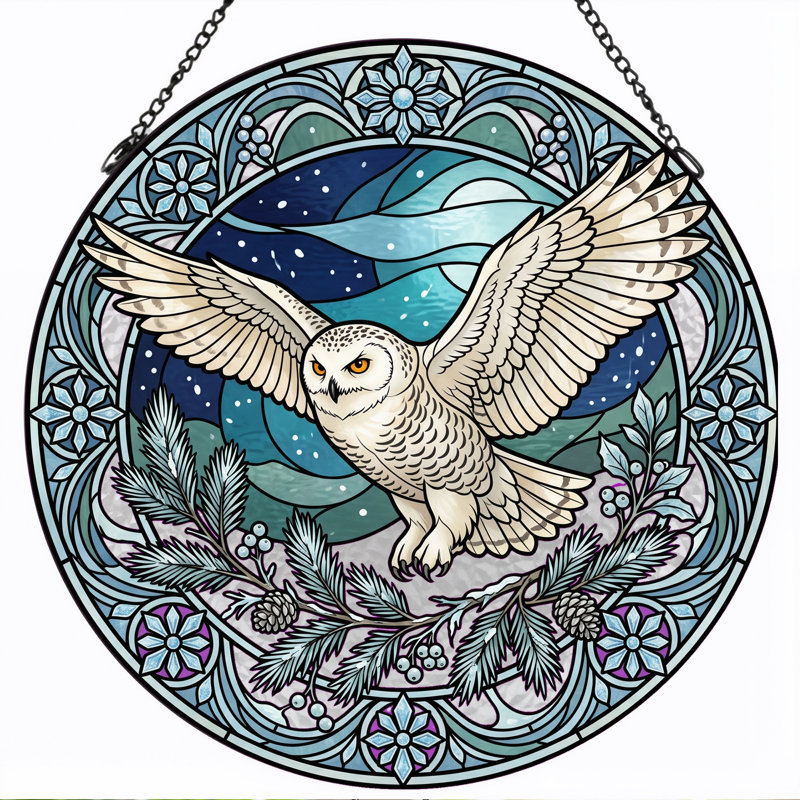 Panneau de vitrail Owl Flight, 7,8 heures, 7.8"H