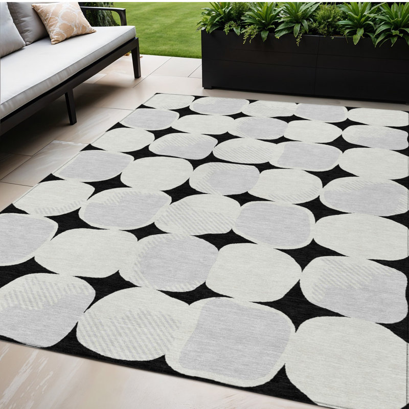 Tapis extérieur lavable abstrait gris et ivoire 5 pi x 8 pi noir