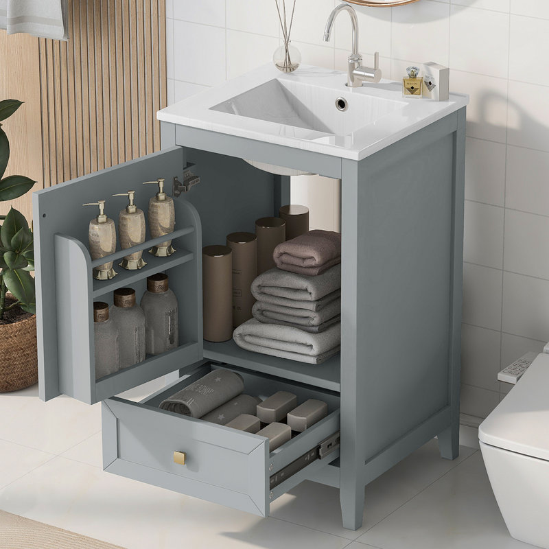 Meuble-lavabo de 20 po avec lavabo, armoire de salle de bain avec porte à fermeture douce, support de rangement et tiroir, gris (ancien SKU: N725P185452E)