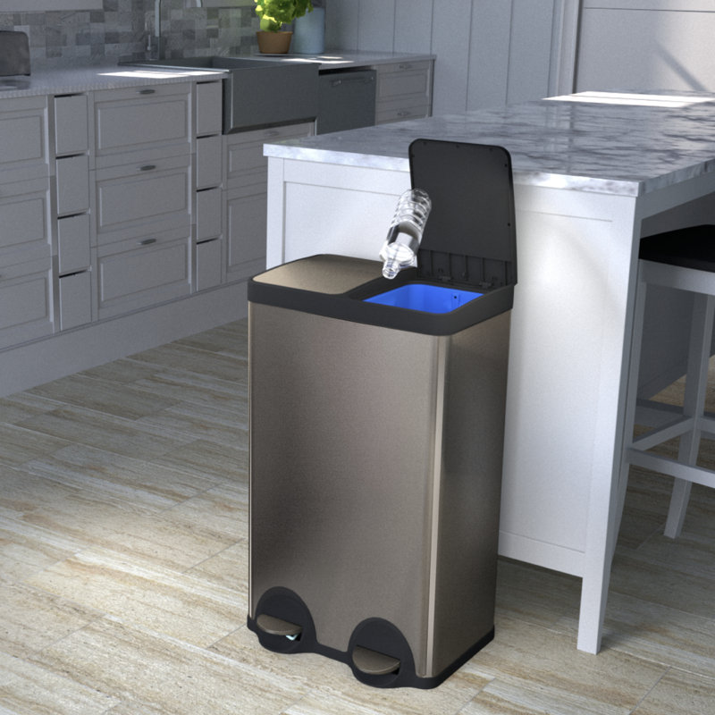 Home Zone Living 16 Gallon Stainless Steel Kitchen Trash Can with Dual Compartments, Step-On Pedals and Soft-Close Lids