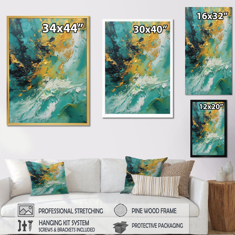 «Golden Turquoise Waves Breaking Abstract I», reproduction d'art sur toile, Cadre flottant noir, H 44 po x l 34 po x P 1,5 po