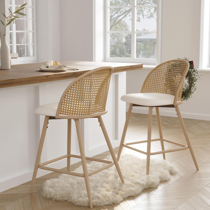 Rattan Backrest Barstools Set Of 2 With Faux Leather