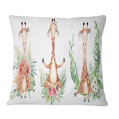 Cartoon Giraffe With Tropical Flowers I - Children''s Art Printed Throw Pillow
