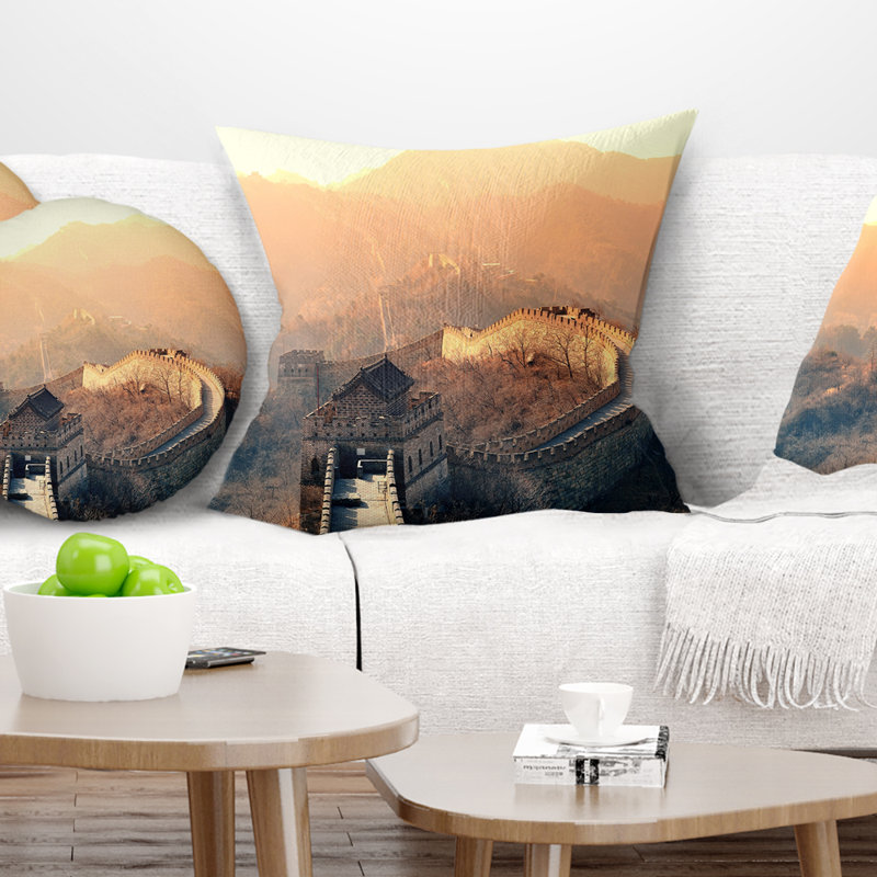 Coussin China Great Wall Morning - paysage imprimé, 16 po x 16 po, Coussin décoratif