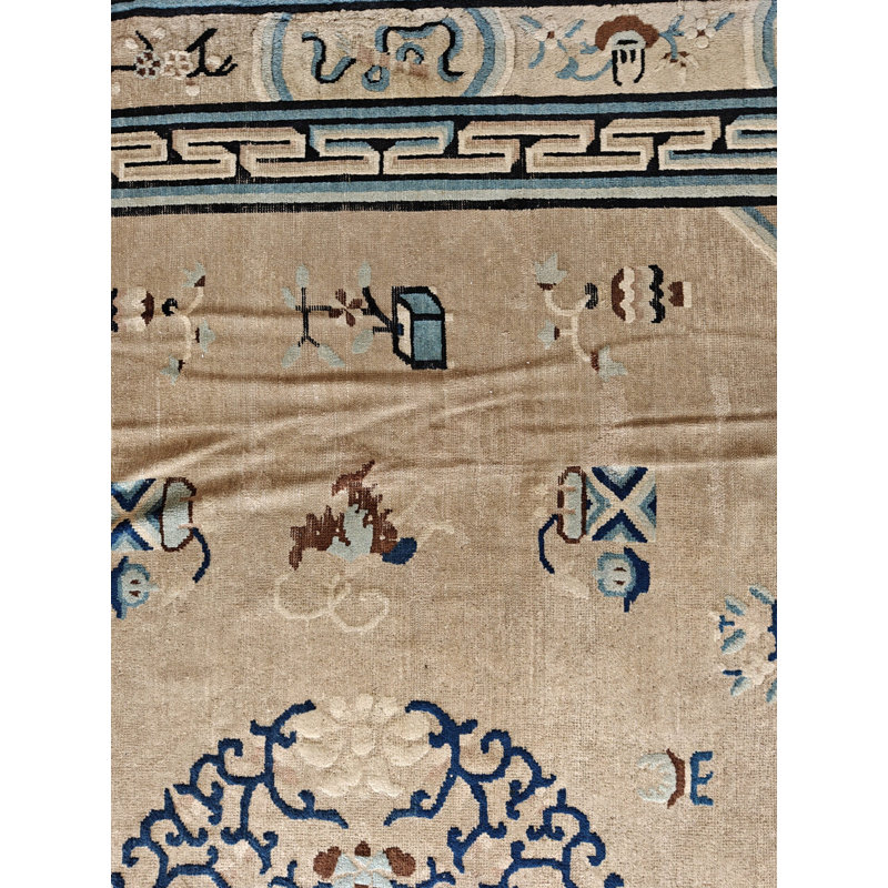 Antique Square Room Size Ivory and Blue Chinese Ningxia Rug