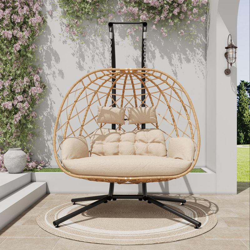Switte Modern Bohemian 2-Person Swing Chair with Stand, 650 lb Capacity, All-Weather Indoor/Outdoor Double Egg, Beige