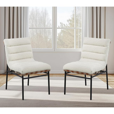 Ensemble de 2 chaises de salle à manger rembourrées en tissu blanc avec pieds en fer noir