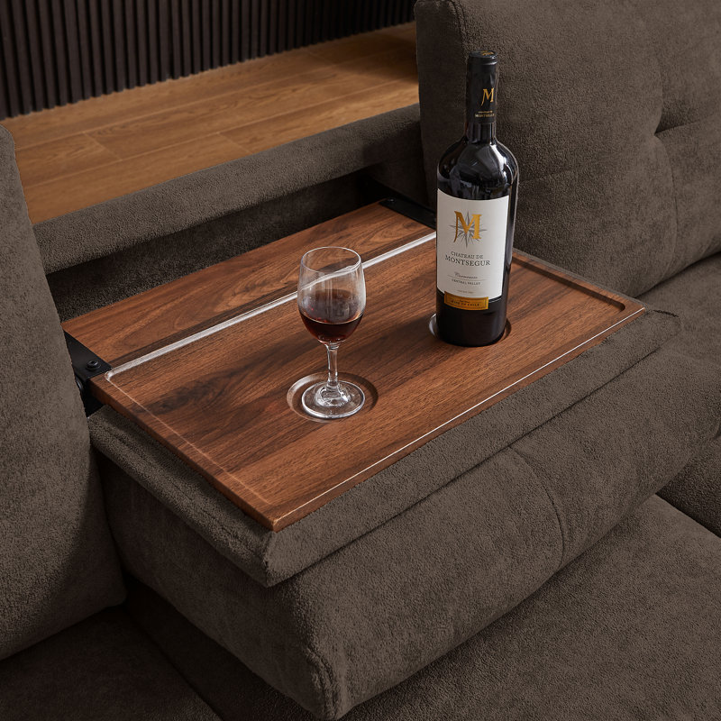 109" Modern 4 Seaters Sectional Sofa with Hidden Coffee Table and Large Storage Space, Coffee 100% Linen