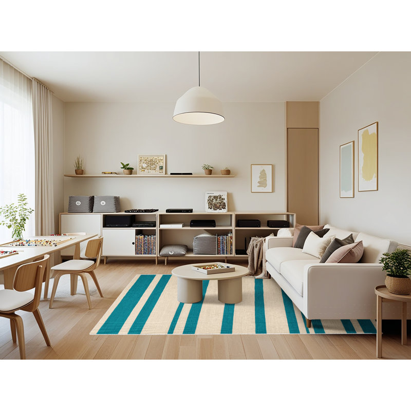 Tapis beige à rayures horizontales lavable à la machine, Rectangle 7 pi x 9 pi