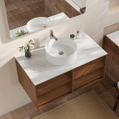 Meuble-lavabo flottant 36 po résistant à l'eau pour les petites salles de bain, meuble-lavabo mural simple moderne avec plateau en pierre frittée brillante et vasque en céramique blanche