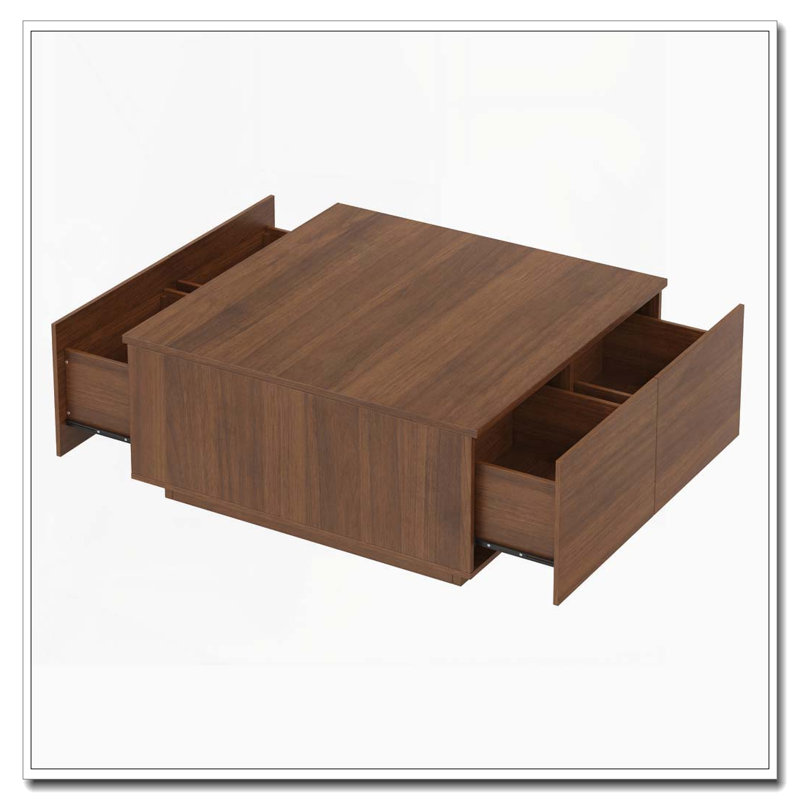 Table basse carrée 33,25 po à 4 tiroirs, Noyer