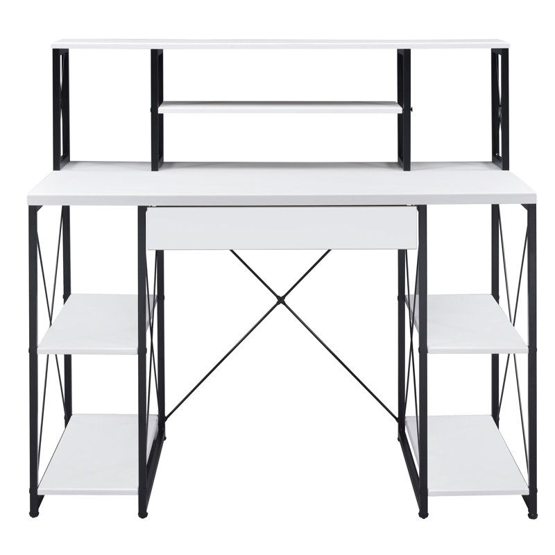Bureau blanc et noir avec de nombreuses tablettes pour écrire