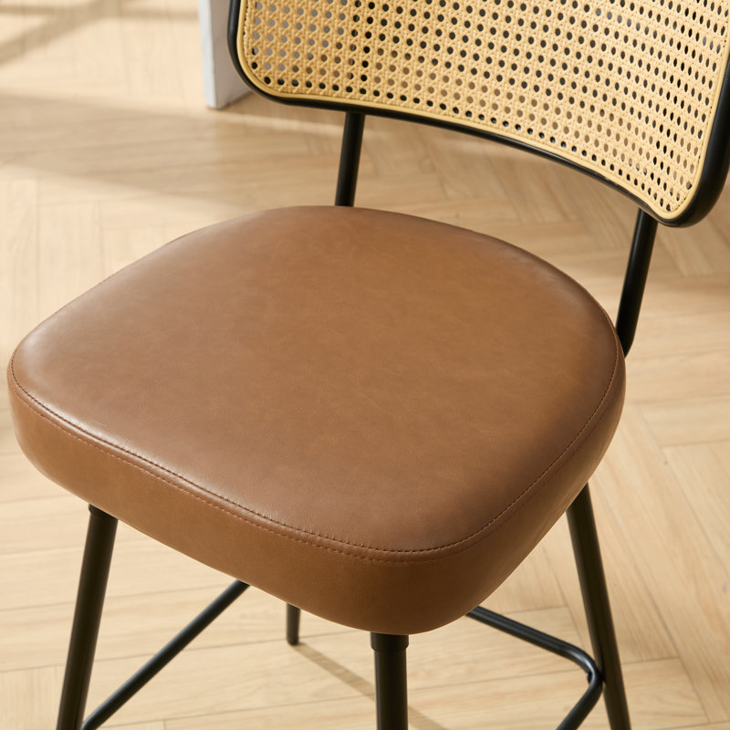 Swivel Upholstered Counter Stools With Rattan Back, Brown, 3