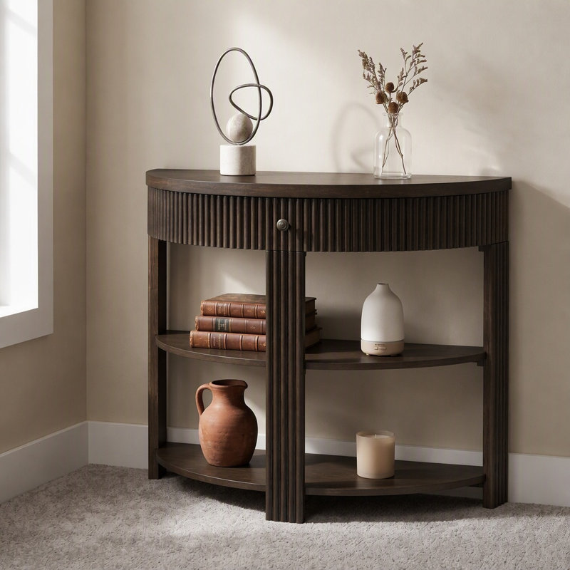 Console demi-ronde en bois massif cannelé avec tiroir et 2 tablettes, Noyer