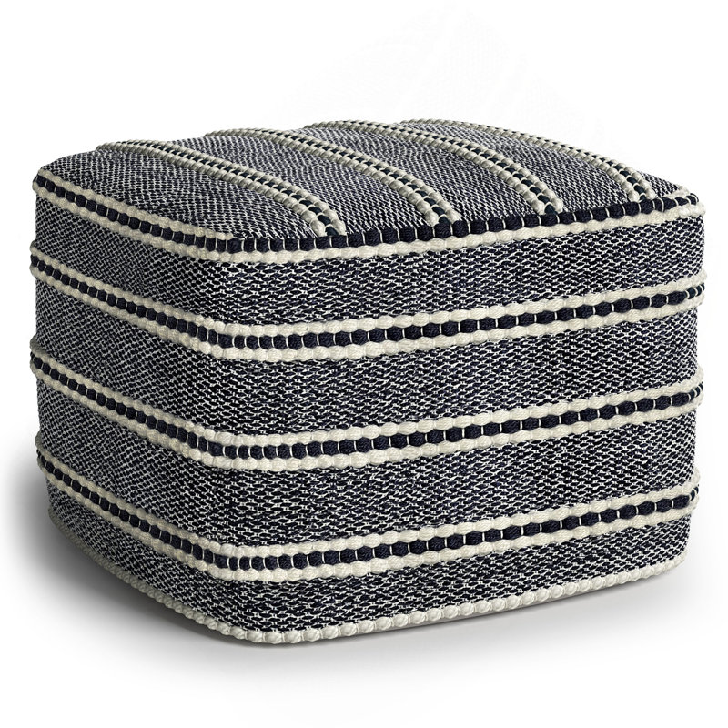 Pouf carré Corrie de 18 po de large en polyester PET tissé bleu marine et blanc