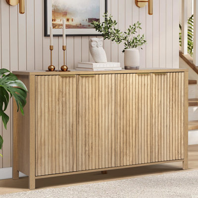 Fluted Sideboard Buffet Cabinet with Storage, 55" Large Wood Accent Cabinet with Adjustable Shelves and 4 Doors,Natural