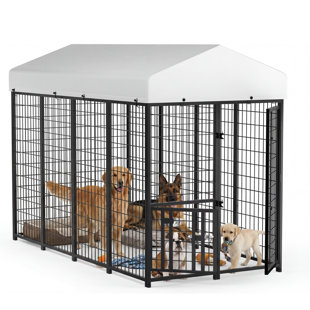 Outdoor Dog Kennel With Rotating Feeding Door, Stainless Bowls And Upgraded Polyester Roof