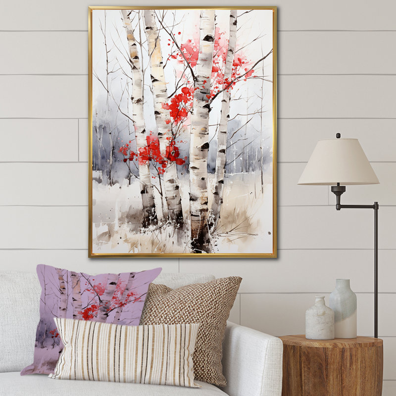 «Red Brich Wood In Winter», reproduction sur toile, H 44 po x l 34 po x P 1,5 po, Cadre flottant doré