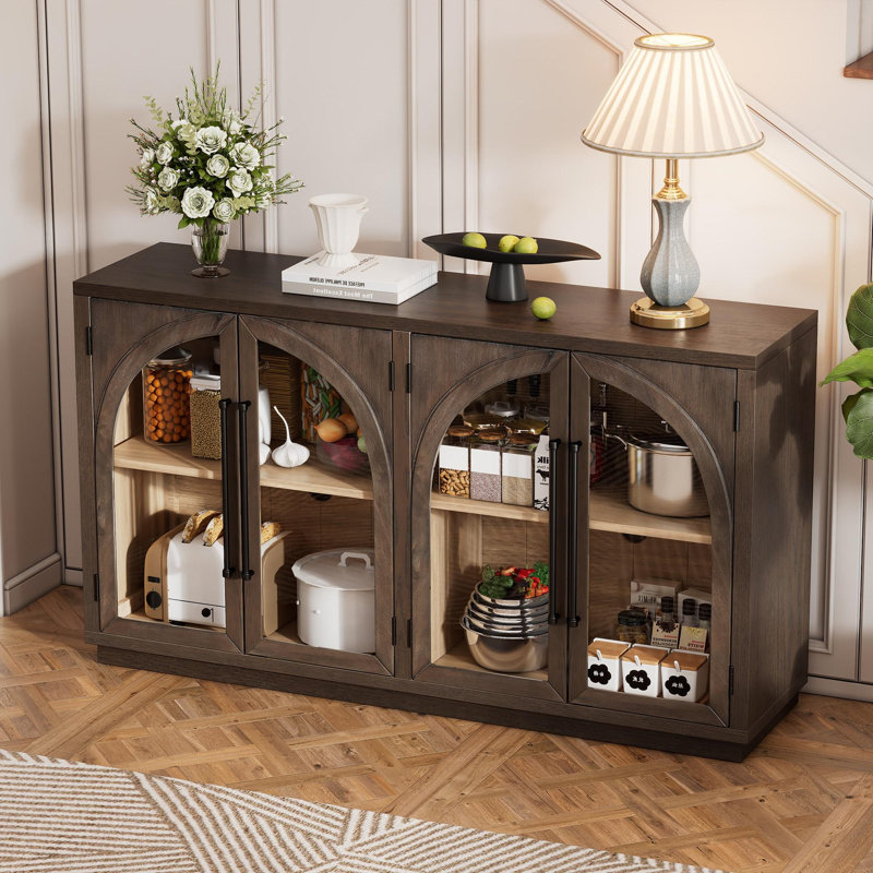 Grand buffet de rangement à 4 portes avec portes en verre, Espresso