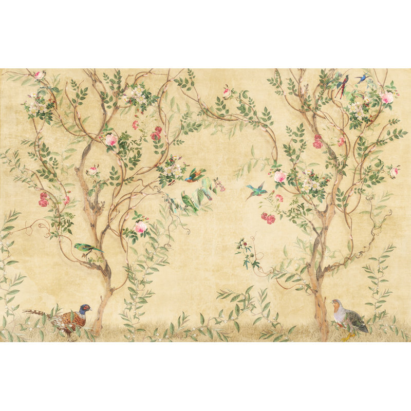 Papier peint rétro avec oiseaux et fleurs, L 75 po x l 112 po, Beige