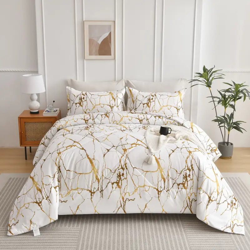 Ensemble d'édredon pour chambre à coucher 2/3 pièces à imprimé marbre blanc doux toutes saisons