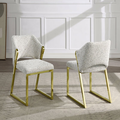 Set Of 2 Dining Chairs, Teddy Sherpa And Mirrored Gold Finish Side Chair