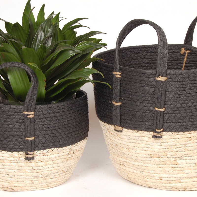 ENSEMBLE DE 3 PANIERS EN PAILLE NOIR/NATUREL