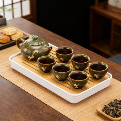 Traditional Handmade Ceramic Tea Set With Teapot, 6 Cups And Bamboo Tea Tray With Drainage, Authentic Chinese And Japanese Style Tea Ceremony Set