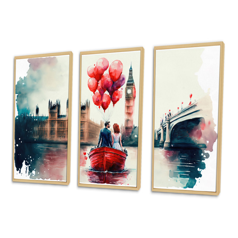 «Romantic Couple On The Water II», reproduction de cadre flottant sur toile 3 pièces, H 28 po x l 36 po x P 1 po, Naturel