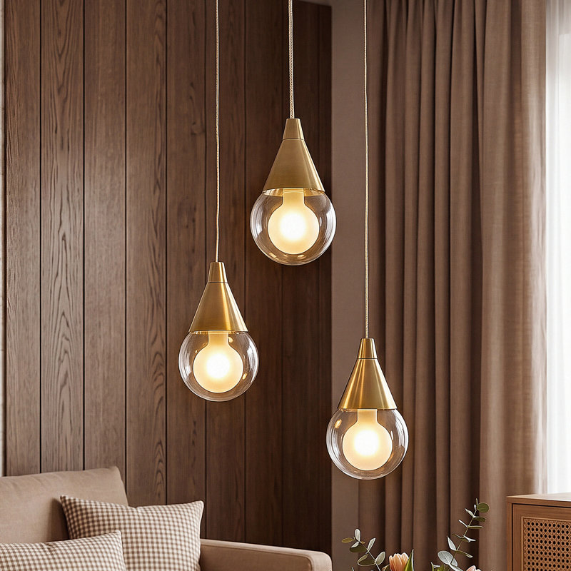 3-Light Plated Brass Teardrop LED Mini Crystal Pendant Light, Glam Hanging Light for Kitchen Island Bedroom Living Room