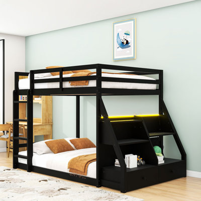 2 Drawers Wooden Full over Full Bunk Bed with Shelves