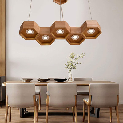 Luminaire suspendu 5 lumières DEL en bois nid d'abeille antique