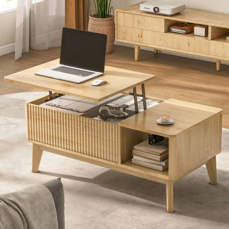 Ensemble de tables basses à plateau relevable avec tables de bout - Table basse naturelle et tables d'appoint avec station de charge