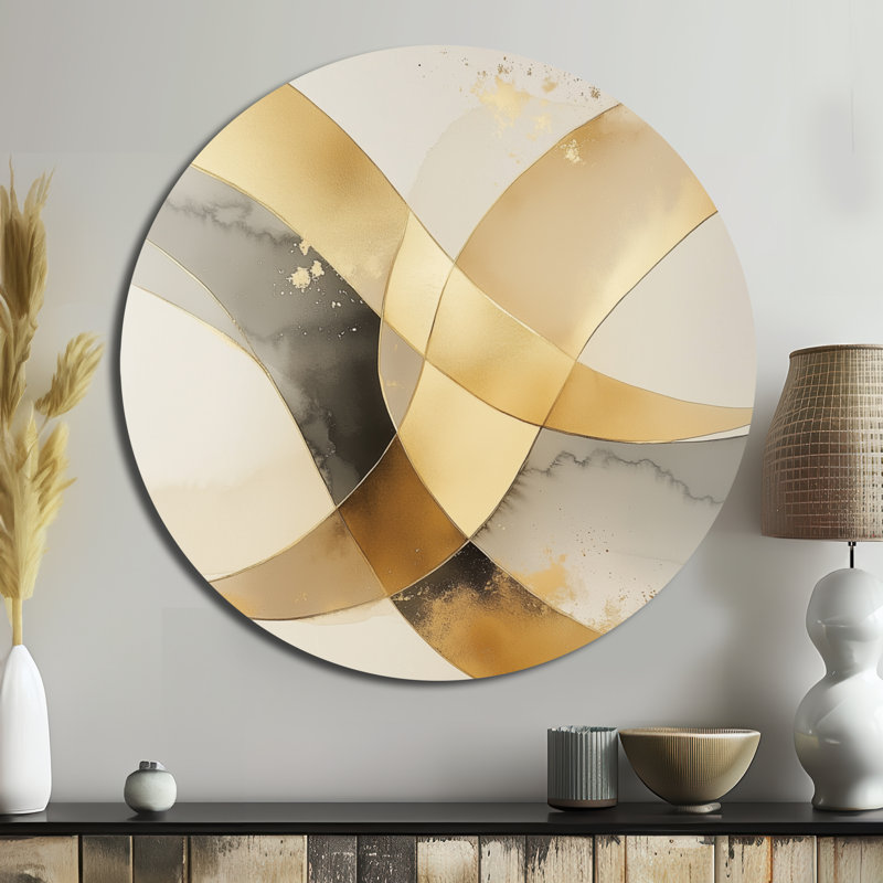 «Golden Intersection», art mural rond moderne transitionnel abstrait en métal, L 36 po x H 36 po