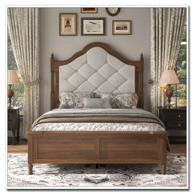 Bed Frame with Upholstered Headboard, Panel Foot Board, Vintage Mid Century Bed Frame