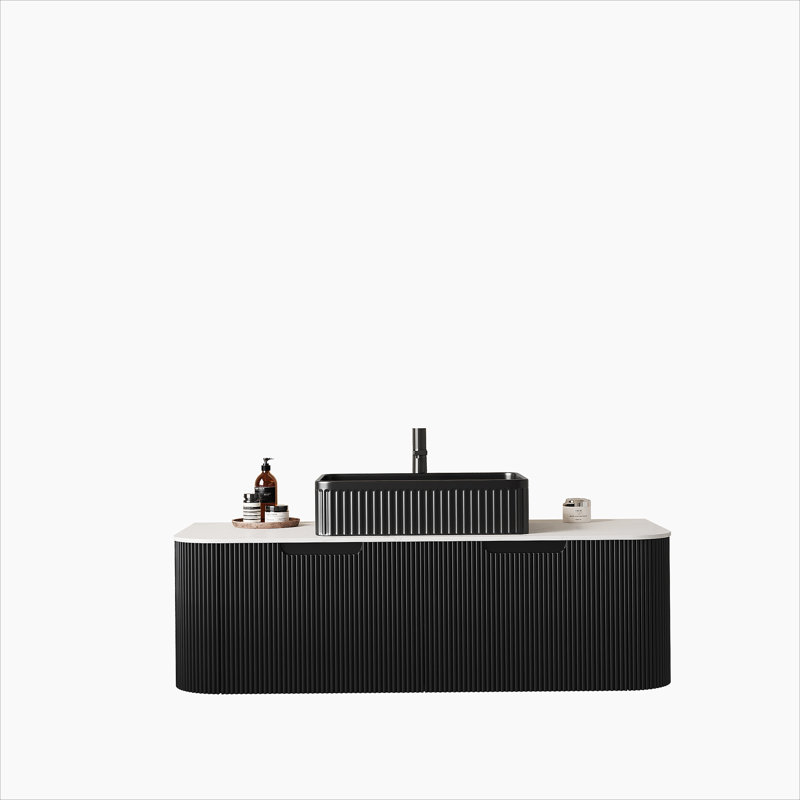 Meuble-lavabo 48 po avec lavabo, meuble de rangement mural à bords arrondis avec 2 tiroirs, lavabo rectangulaire en céramique noir, sans robinet, pré-assemblé, couleur noire