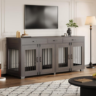 71" Dog Crate Furniture for 2 Rooms, Wooden Double Kennel with Door & Drawers, TV Stand for Large Dogs
