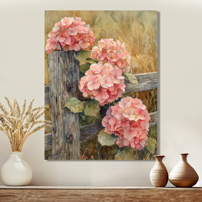 Farm Hydrangeas By The Fence I - Art mural sur toile florale, Toile tendue, Ne s’applique pas, H 20 po x l 12 po