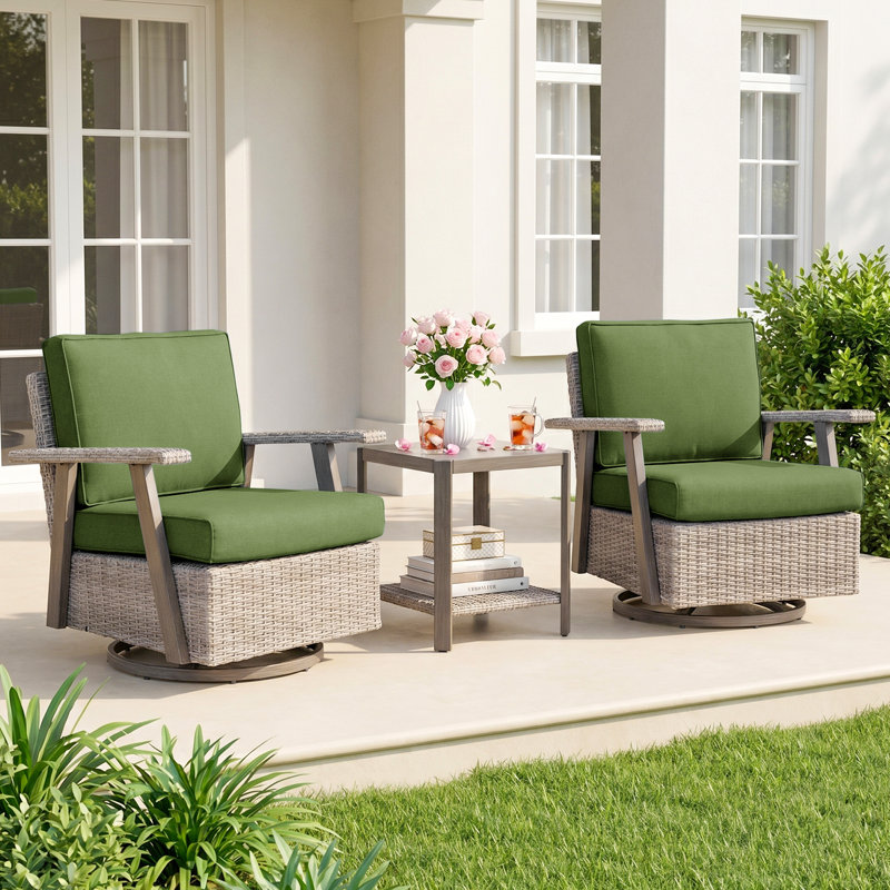 3-Piece 360-Degree Oversized Resin Wicker Outdoor Swivel Rocker Patio Chairs Set With Coffee Table And Cushions, Green