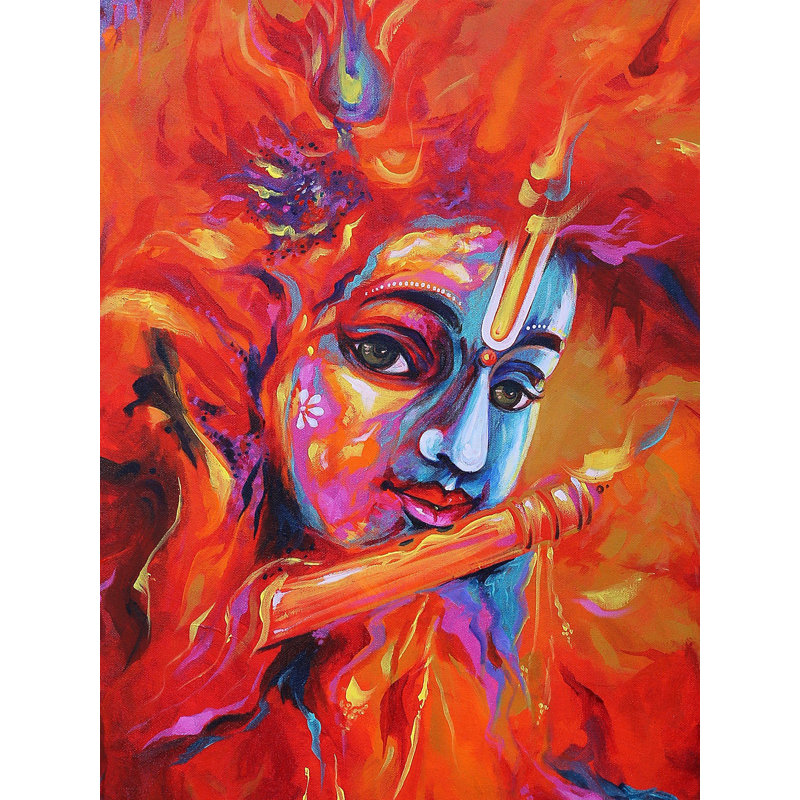 L'appel de la flûte (peinture du dieu Krishna) | Avec cadre