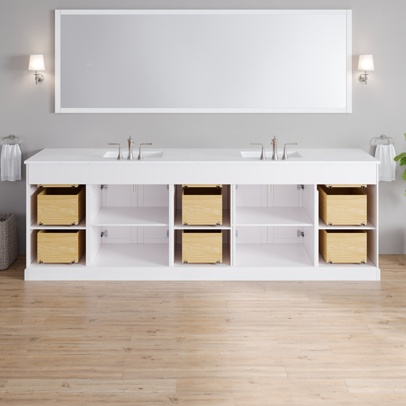 Epic 100 In. White Double Sink Bath Vanity With Carrara Quartz Top And Undermount Porcelain Sinks, White