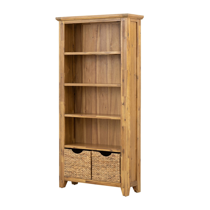 Tall Brown Solid Wood Rustic Bookcase with Storage Baskets