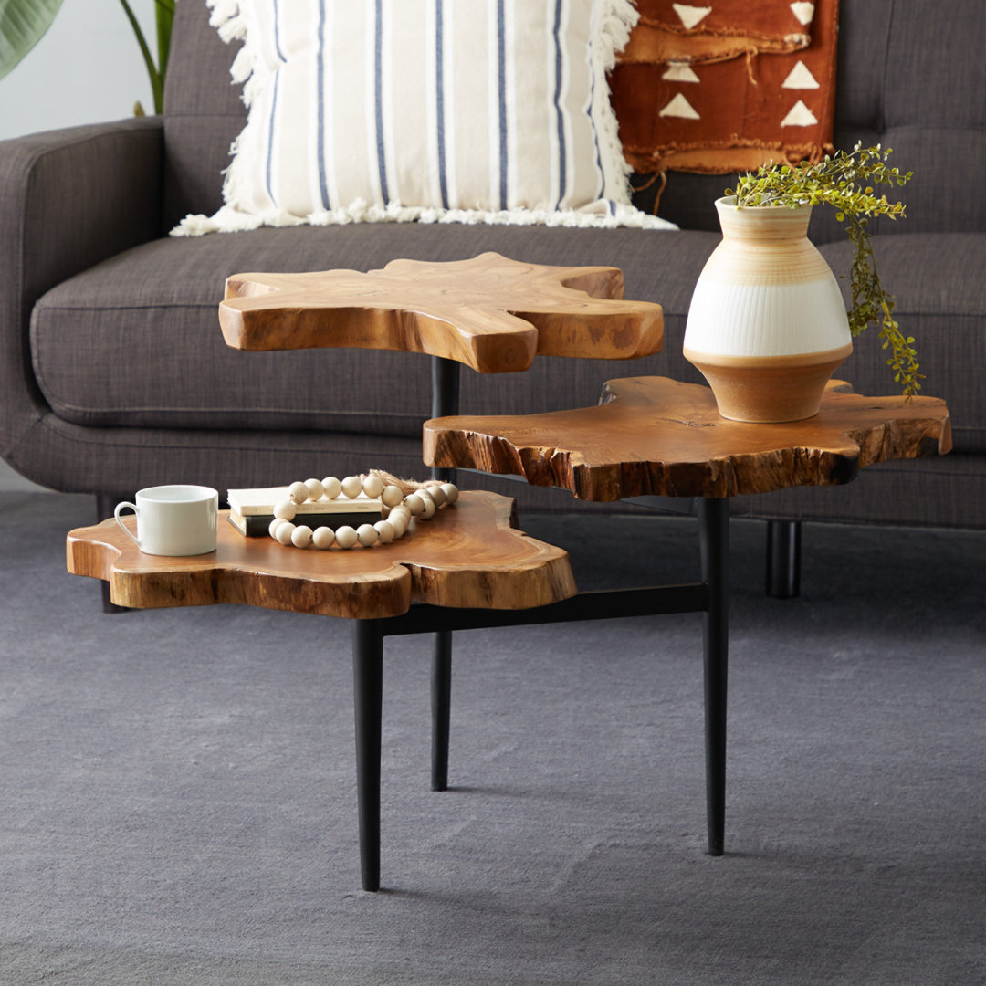 Loucks Teak Wood Handmade Live Edge 3 Tier Side End Brown Accent Table with Black Base Loon Peak®