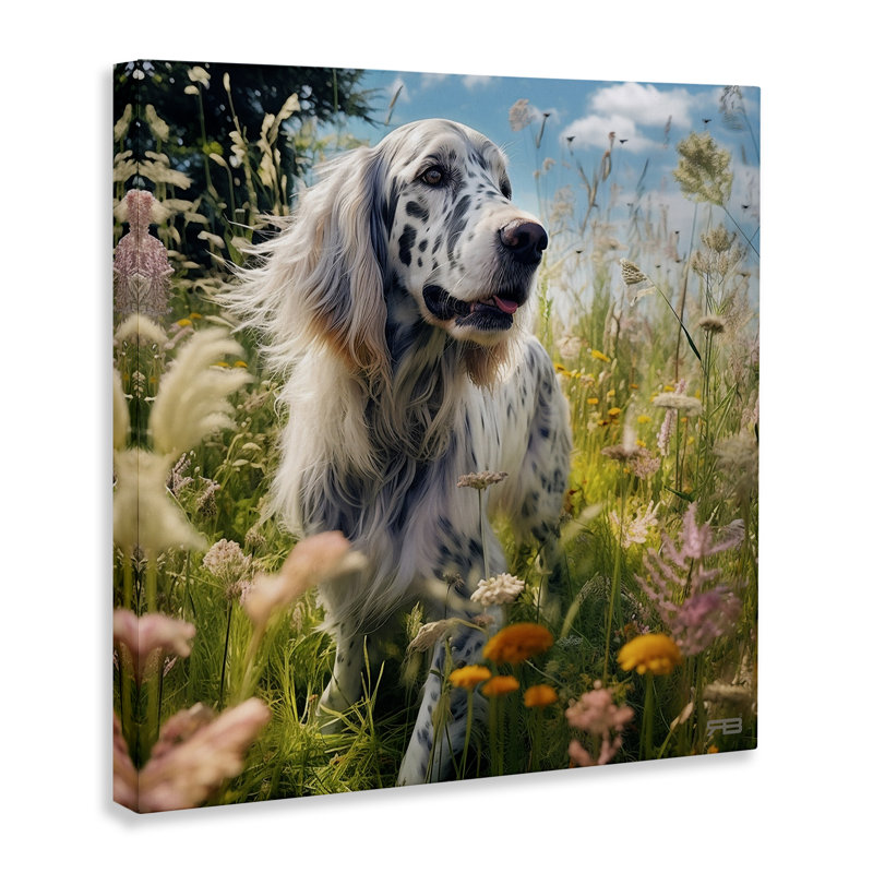 «Happy Dog Parmi Fleurs», art mural sur toile par Roozbeh Bahramali, H 24 po x l 24 po