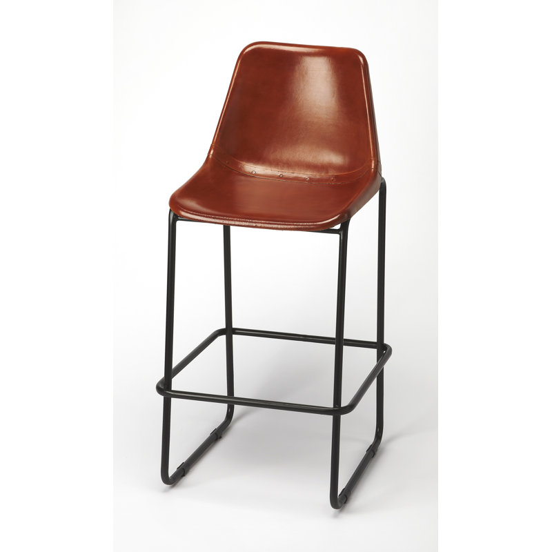 Atley 28'' Brown Genuine Leather and Iron Bar Stool