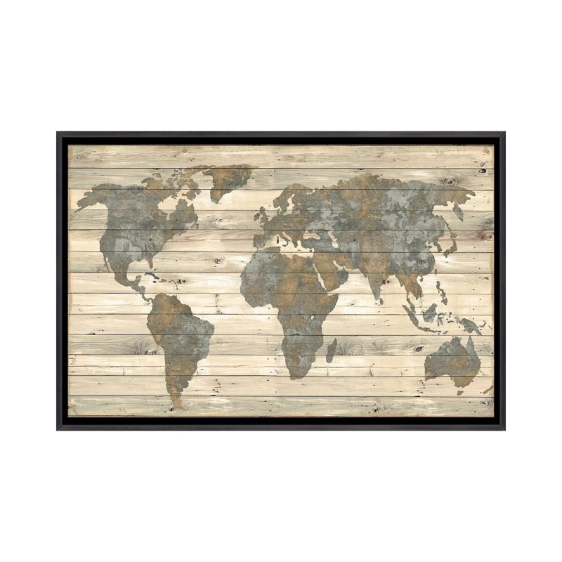 « Carte du monde sur bois » par Jamie MacDowell, reproduction d’art, Toile avec cadre noir patiné, Pas de tapis