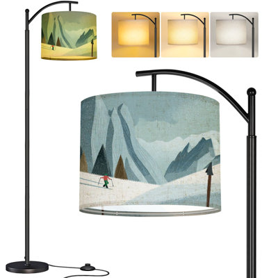  Lampe sur pied à arc Arc en bois sur le thème des skis à l'ancienne enneigé montagnes enneigées ciel clair Grande lampe sur pied moderne Abat-jour réglable en lin à 3 couleurs